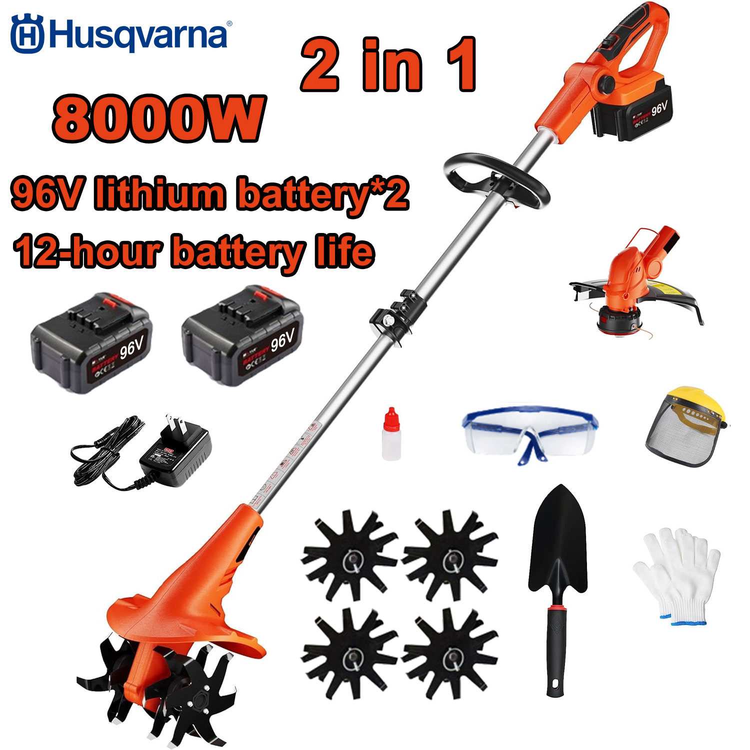 Motosapa electrica 2 in 1 de 8000 W + 1 cap de taiere + 2 baterii de 96 V + incarcare rapida + lama de ras + set complet de accesorii