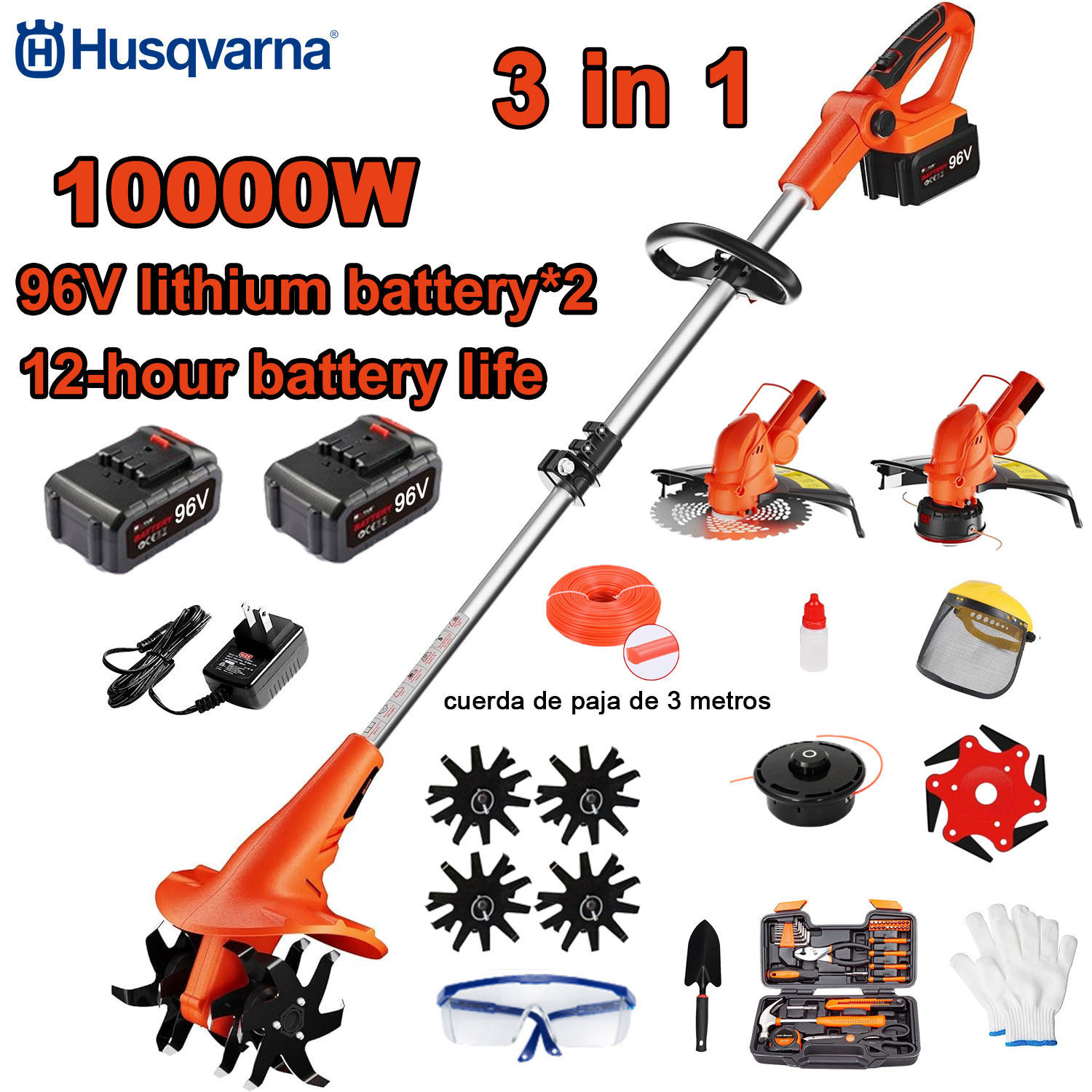 Cultivator trei-în-un de mare putere de 10000W (tăiere, cultivare, tundere) + baterie de 96 V * 2 + încărcare rapidă + cultivator + cap de tuns + frânghie de tuns 3 m * 3 + mașină de tuns iarba * 6 + set complet de accesorii
