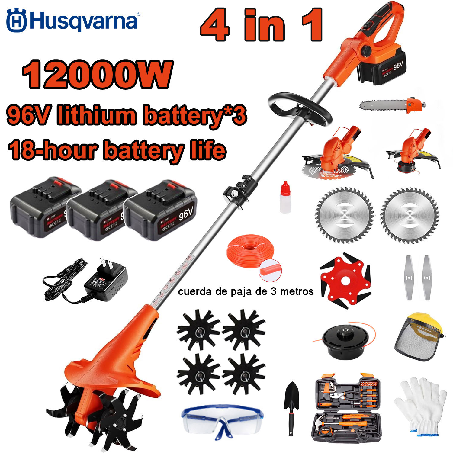 Cultivator electric 4-în-1 12000W (tăiere, tăiere copac, cultivare etc.) Baterie 96V*3+Încărcător rapid+Cultivator+Cap de tuns+Furghie de tăiat 3M*3+Lama de ferăstrău din aliaj+Lama*6+Lama dreaptă+Set complet de accesorii