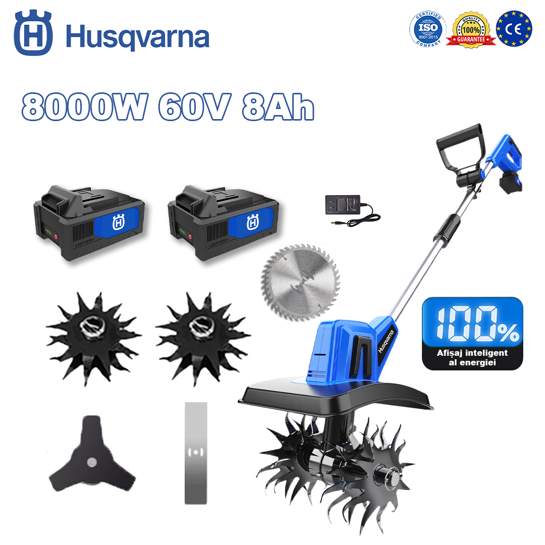 Husqvarna Cultivator 8000W * 1 + baterie 60V 8.0Ah * 1 + încărcător rapid * 1 + cap de arat * 2 + lamă de ferăstrău circular * 1 + lamă de ferăstrău dreaptă * 1 + lamă de ferăstrău triunghiulară * 1 + mănuși * 1 + ochelari de protecție * 1 + cască de protecție * 1 + șurubelniță * 1 + îmbrăcăminte de protecție * 1 + ulei de lubrifiere * 1 + card de garanție 5 ani * 1