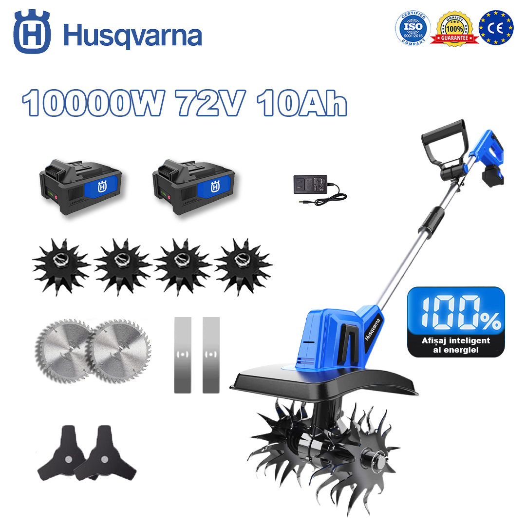 Husqvarna Cultivator 10000W * 1 + baterie 72V 10.0Ah * 2 + încărcător rapid * 1 + cap de arat * 4 + lamă de ferăstrău circular * 2 + lamă de ferăstrău dreaptă * 2 + lamă de ferăstrău triunghiulară * 2 + mănuși * 1 + ochelari de protecție * 1 + cască de protecție * 1 + șurubelniță * 1 + îmbrăcăminte de protecție * 1 + ulei de lubrifiere * 1 + card de garanție 5 ani * 1